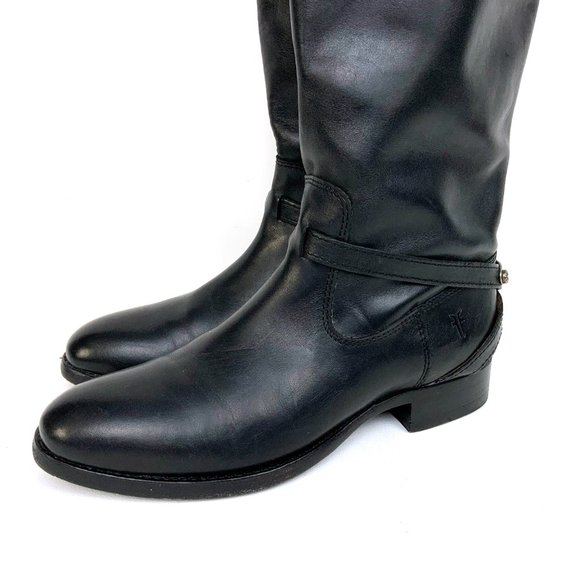 Frye  Lindsay Black Riding Pull On Boots Knee-High Metal Plate Sz 6 - Picture 3 of 16